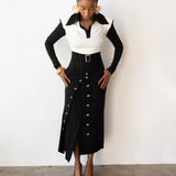 Valentina Exaggerated Collar Long Sleeve Color Block Cropped Top in Black and White