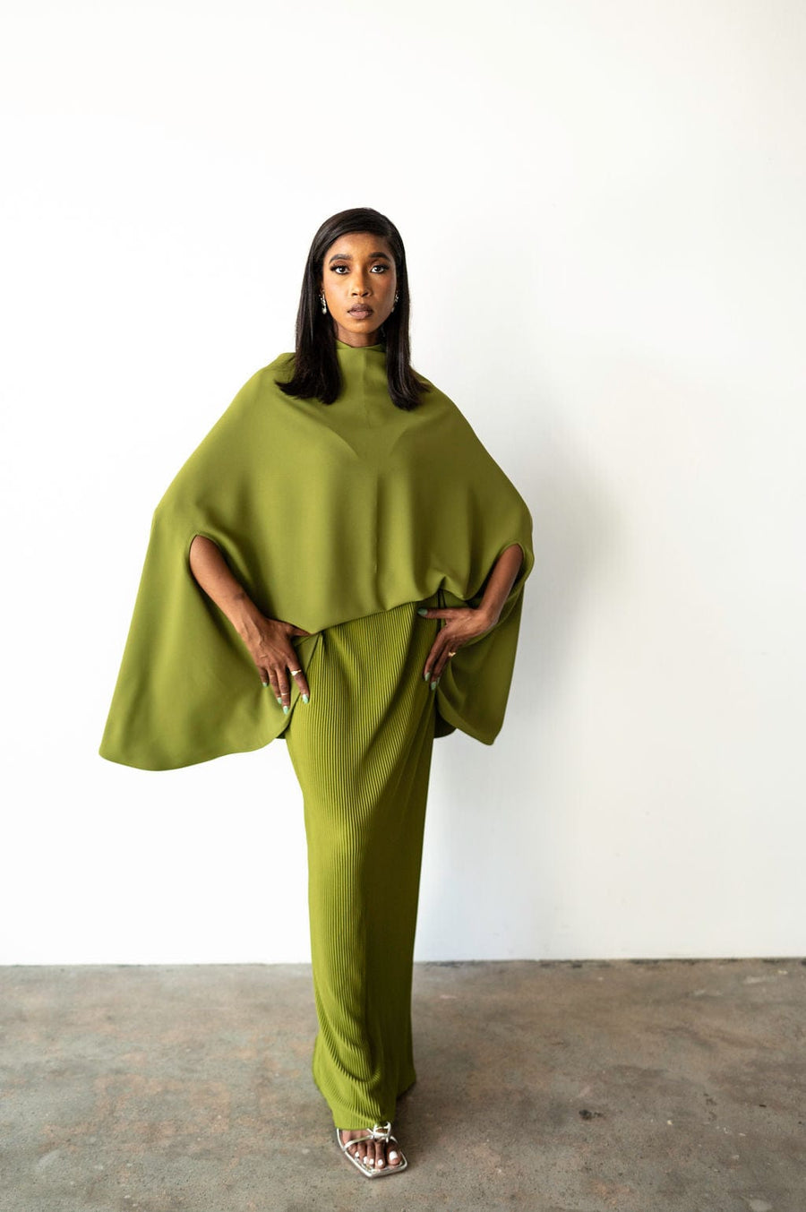 Tiwa Cape Top and Plisse Skirt Set in Olive Green