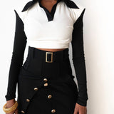Valentina Exaggerated Collar Long Sleeve Color Block Cropped Top in Black and White
