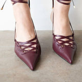 Lacy Lace-Up Unique Heel in Maroon