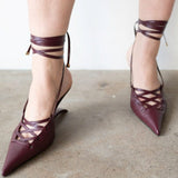 Lacy Lace-Up Unique Heel in Maroon
