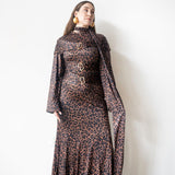 Nur Long Sleeve Flared Maxi Dress with Scarf in Leopard
