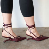Lacy Lace-Up Unique Heel in Maroon