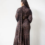 Nur Long Sleeve Flared Maxi Dress with Scarf in Leopard