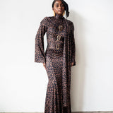Nur Long Sleeve Flared Maxi Dress with Scarf in Leopard