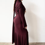 Nur Long Sleeve Flared Maxi Dress with Scarf in Plum