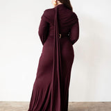 Nur Long Sleeve Flared Maxi Dress with Scarf in Plum