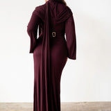 Nur Long Sleeve Flared Maxi Dress with Scarf in Plum