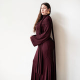 Nur Long Sleeve Flared Maxi Dress with Scarf in Plum