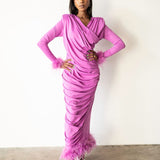 Lola Long Feather Sleeve Draped Maxi Dress