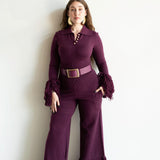 Ore Super High Waisted Belted Wide Leg Knit Tassel Fringe Pants in Plum