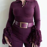 Ore Long Sleeve Knit Tassel Fringe Top in Plum