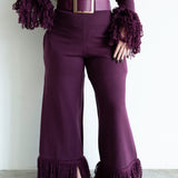 Ore Super High Waisted Belted Wide Leg Knit Tassel Fringe Pants in Plum