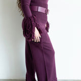 Ore Super High Waisted Belted Wide Leg Knit Tassel Fringe Pants in Plum