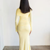 Tala Long Sleeve Asymmetrical Drape Maxi Dress in Butter Yellow