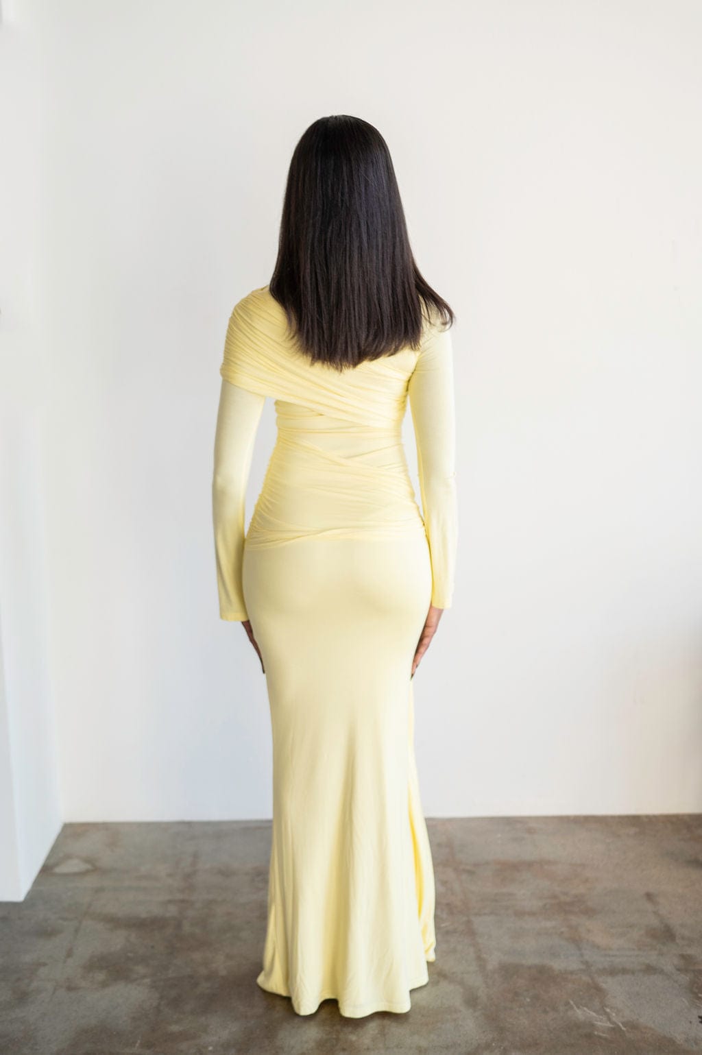 Tala Long Sleeve Asymmetrical Drape Maxi Dress in Butter Yellow S Tala Long Sleeve Asymmetrical Drape Maxi Dress in Butter Yellow S