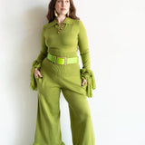 Ore Super High Waisted Belted Wide Leg Knit Tassel Fringe Pants in Chartreuse Green