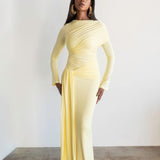 Tala Long Sleeve Asymmetrical Drape Maxi Dress in Butter Yellow