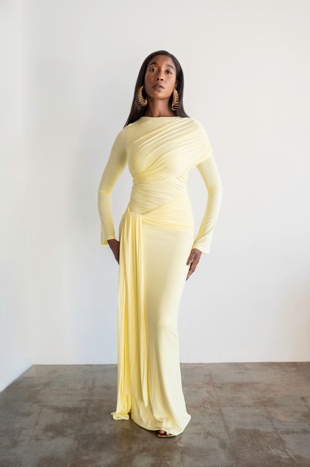 Tala Long Sleeve Asymmetrical Drape Maxi Dress in Butter Yellow 3XL Tala Long Sleeve Asymmetrical Drape Maxi Dress in Butter Yellow 3XL