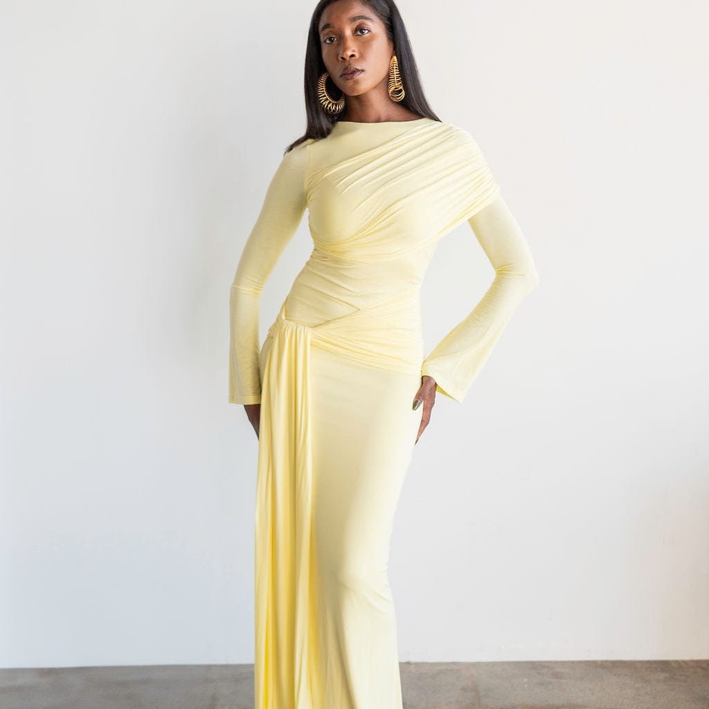 Tala Long Sleeve Asymmetrical Drape Maxi Dress in Butter Yellow 3XL Tala Long Sleeve Asymmetrical Drape Maxi Dress in Butter Yellow 3XL