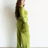 Ore Super High Waisted Belted Wide Leg Knit Tassel Fringe Pants in Chartreuse Green