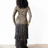 Tutu Long Sleeve Raffia Maxi Dress in Wara Print and Deep Brown