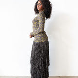 Tutu Long Sleeve Raffia Maxi Dress in Wara Print and Deep Brown