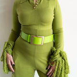 Ore Long Sleeve Knit Tassel Fringe Top in Chartreuse Green