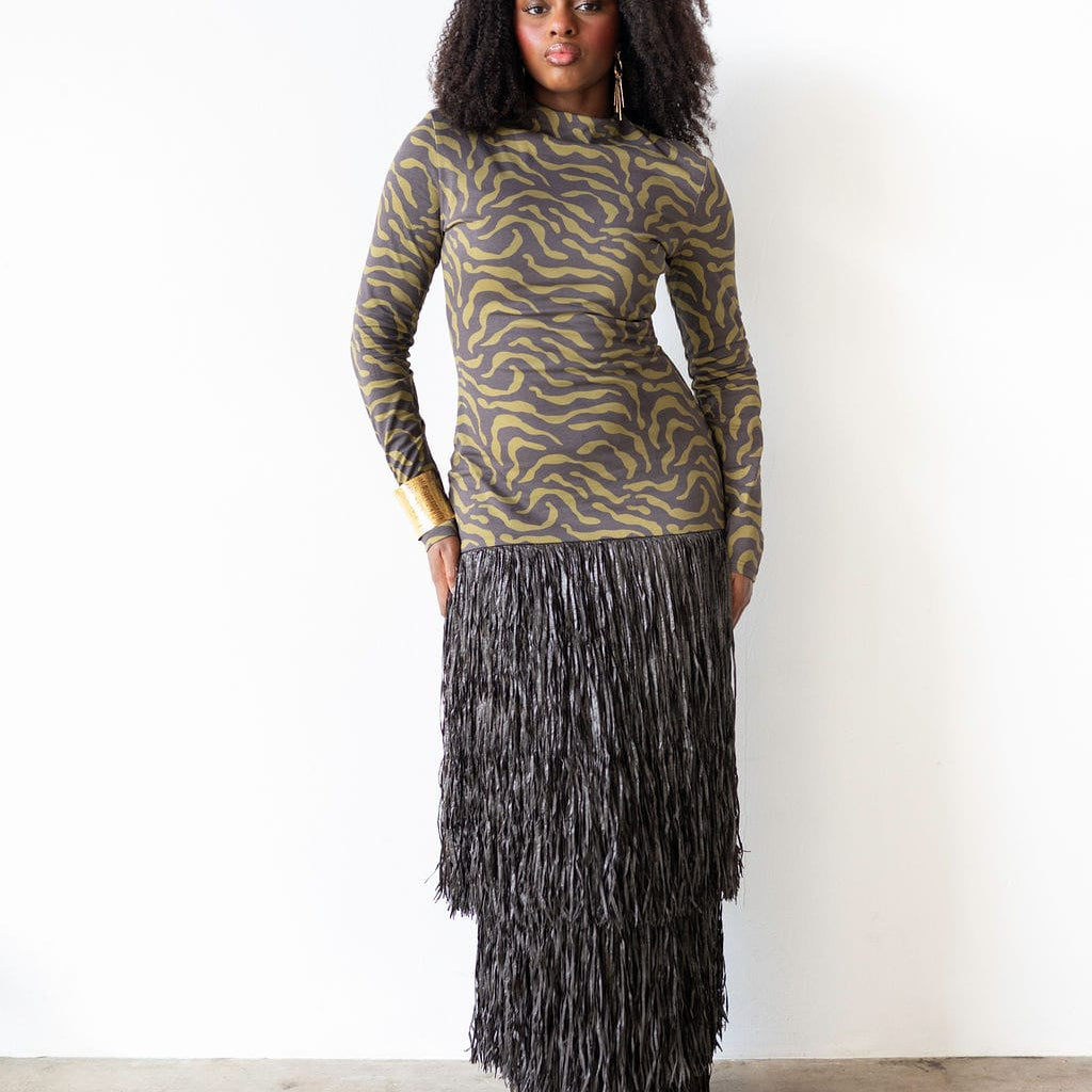 Tutu Long Sleeve Raffia Maxi Dress in Wara Print and Deep Brown XS