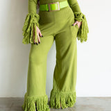 Ore Super High Waisted Belted Wide Leg Knit Tassel Fringe Pants in Chartreuse Green
