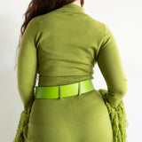 Ore Long Sleeve Knit Tassel Fringe Top in Chartreuse Green