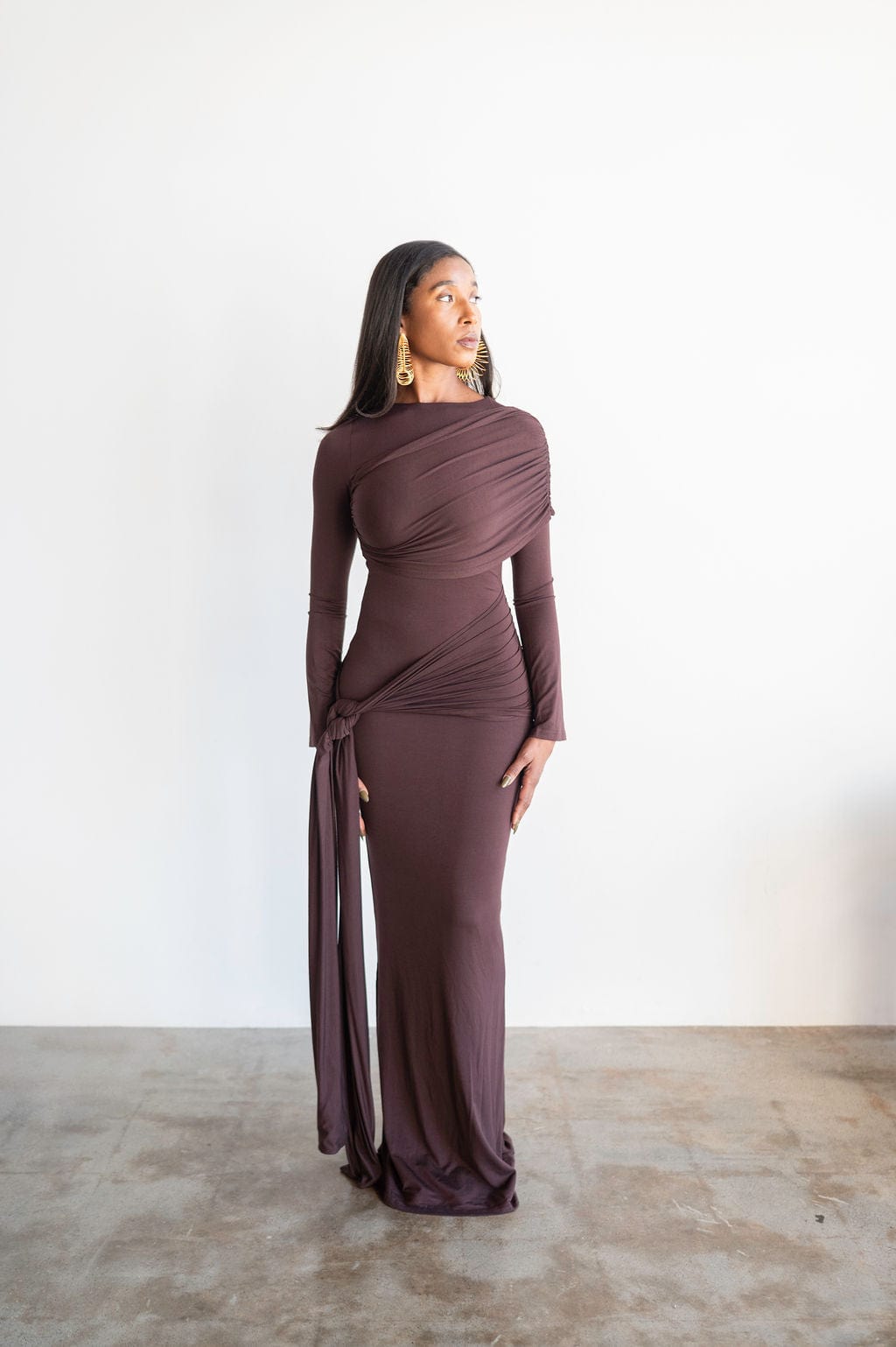 Tala Long Sleeve Asymmetrical Drape Maxi Dress in Mocha Brown 3XL Tala Long Sleeve Asymmetrical Drape Maxi Dress in Mocha Brown 3XL