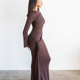 Tala Long Sleeve Asymmetrical Drape Maxi Dress in Mocha Brown
