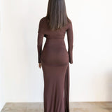 Tala Long Sleeve Asymmetrical Drape Maxi Dress in Mocha Brown