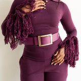 Ore Super High Waisted Belted Wide Leg Knit Tassel Fringe Pants in Plum