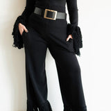 Ore Super High Waisted Belted Wide Leg Knit Tassel Fringe Pants in Black
