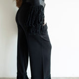 Ore Super High Waisted Belted Wide Leg Knit Tassel Fringe Pants in Black
