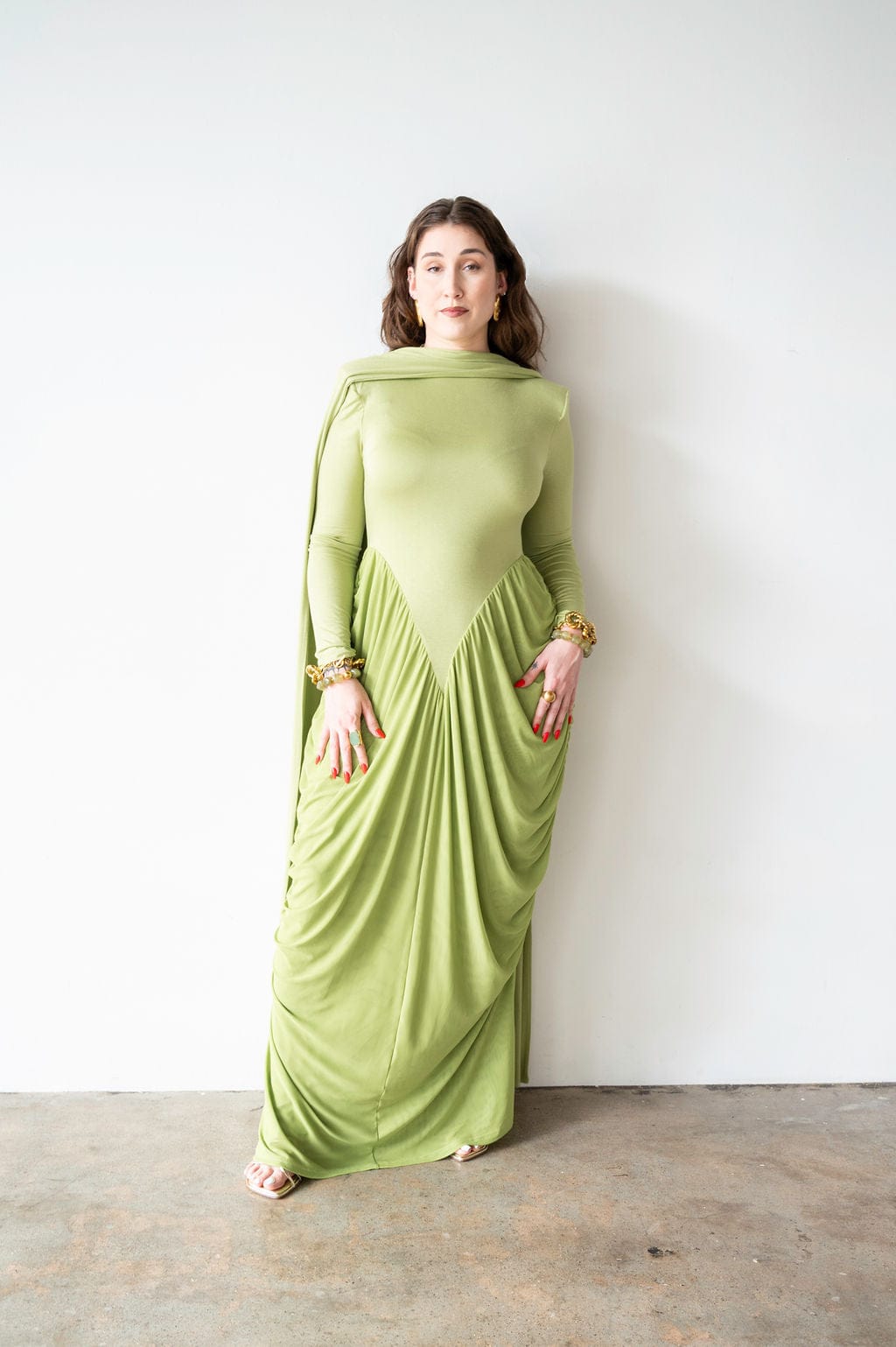 Luvie Long Sleeve Maxi Dress with Scarf in Apple Green 2XL Luvie Long Sleeve Maxi Dress with Scarf in Apple Green 2XL