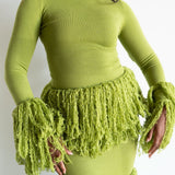 Wura High Neck Long Sleeve Tassel Fringe Knit Top in Chartreuse Green
