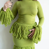 Wura High Neck Long Sleeve Tassel Fringe Knit Top in Chartreuse Green