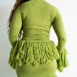 Wura High Neck Long Sleeve Tassel Fringe Knit Top in Chartreuse Green