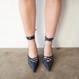 Lacy Lace-Up Unique Heel in Navy Blue 
