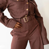 Statement Exaggerated Collar Long Sleeve Denim Top with Gold Buttons in  Maroon