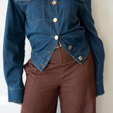Statement Exaggerated Collar Long Sleeve Denim Top with Gold Buttons in  Maroon
