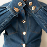 Statement Exaggerated Collar Long Sleeve Denim Top with Gold Buttons in  Maroon
