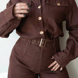 Statement Exaggerated Collar Long Sleeve Denim Top with Gold Buttons in  Maroon