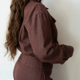 Statement Exaggerated Collar Long Sleeve Denim Top with Gold Buttons in  Maroon