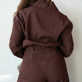 Statement Exaggerated Collar Long Sleeve Denim Top with Gold Buttons in  Maroon