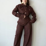 Statement Exaggerated Collar Long Sleeve Denim Top with Gold Buttons in  Maroon