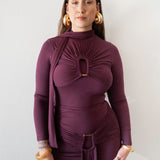 Mila Long Sleeve Top with Neck Ties and Central Draping in Plum